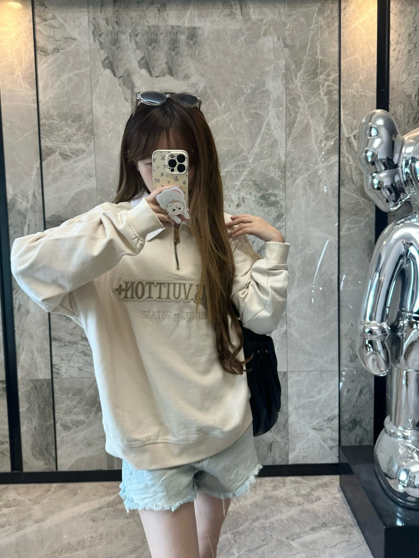 Louis Vuitton/Louis Vuitton 25Fw letter embroidered white lapel half-zip sweatshirt